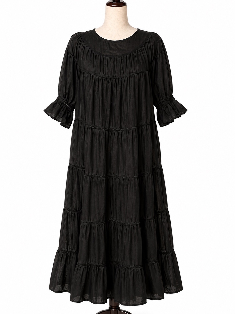 Merlette oversized lightly sheerTiered Midi Dress with Ruffled Sleeves- M